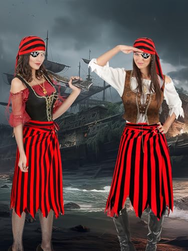 DTOFOOT 6 Pieces Pirate Costume Pirate Skirt Costume Women Pirat Open Design Skirt Dress Adults Head Scarf Hat Eye Patch Skeleton Necklace Earrings Accessories for Halloween Men Women Role Play Red - Image 4