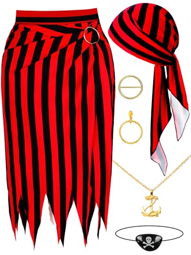 DTOFOOT 6 Pieces Pirate Costume Pirate Skirt Costume Women Pirat Open Design Skirt Dress Adults Head Scarf Hat Eye Patch Skeleton Necklace Earrings Accessories for Halloween Men Women Role Play Red - Image 1
