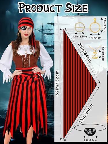 DTOFOOT 6 Pieces Pirate Costume Pirate Skirt Costume Women Pirat Open Design Skirt Dress Adults Head Scarf Hat Eye Patch Skeleton Necklace Earrings Accessories for Halloween Men Women Role Play Red - Image 3