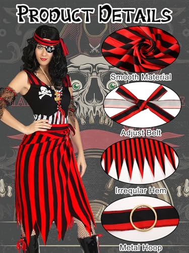 DTOFOOT 6 Pieces Pirate Costume Pirate Skirt Costume Women Pirat Open Design Skirt Dress Adults Head Scarf Hat Eye Patch Skeleton Necklace Earrings Accessories for Halloween Men Women Role Play Red - Image 5