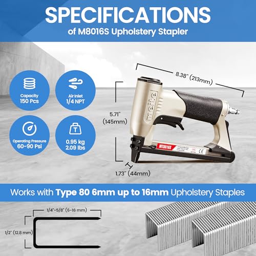 meite Pneumatic Upholstery Staple Gun for 21 Gauge 1/2-Inch Crown Staples, Heavy-Duty Stapler Gun for Woodworking, Carpentry, and DIY Projects (Model MT8016) - Image 2