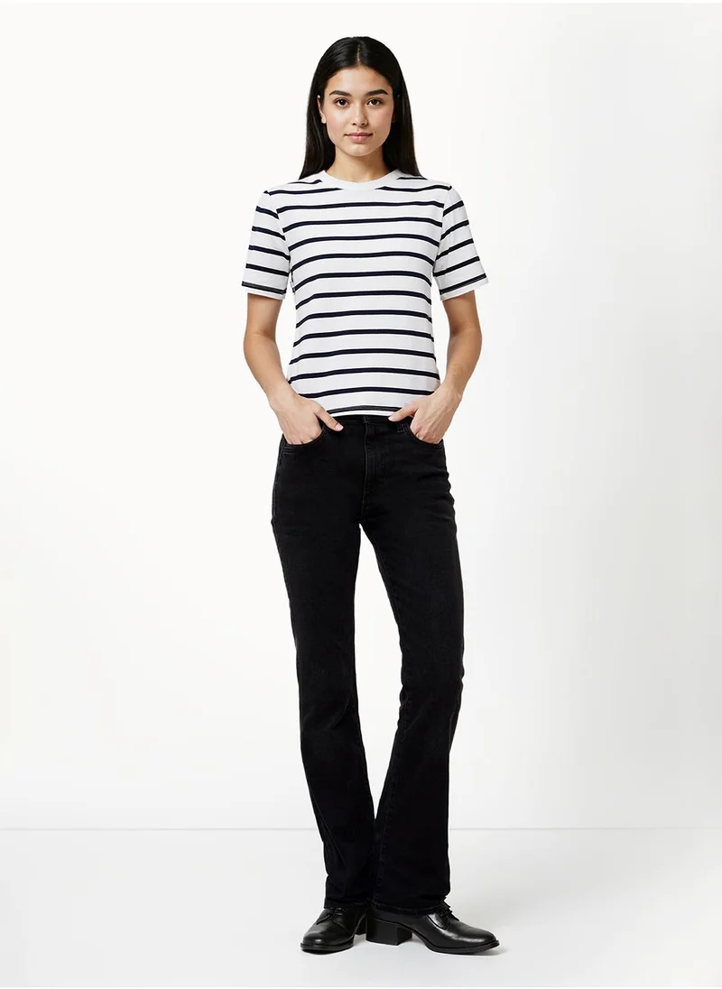 فرنش كونكشن Stripes Regular Cotton Blend Crew Neck T-Shirt