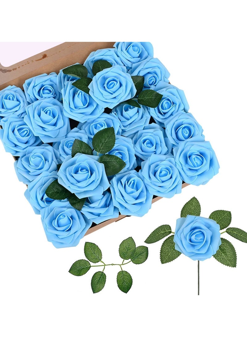 Generic Ramadan Artificial Flowers Real Looking Ivory Foam Fake Roses with Stems for DIY Wedding Bouquets Blue Bridal Centerpieces Arrangements Party Tables Decoration, 25pcs (Blue)  - Image 1