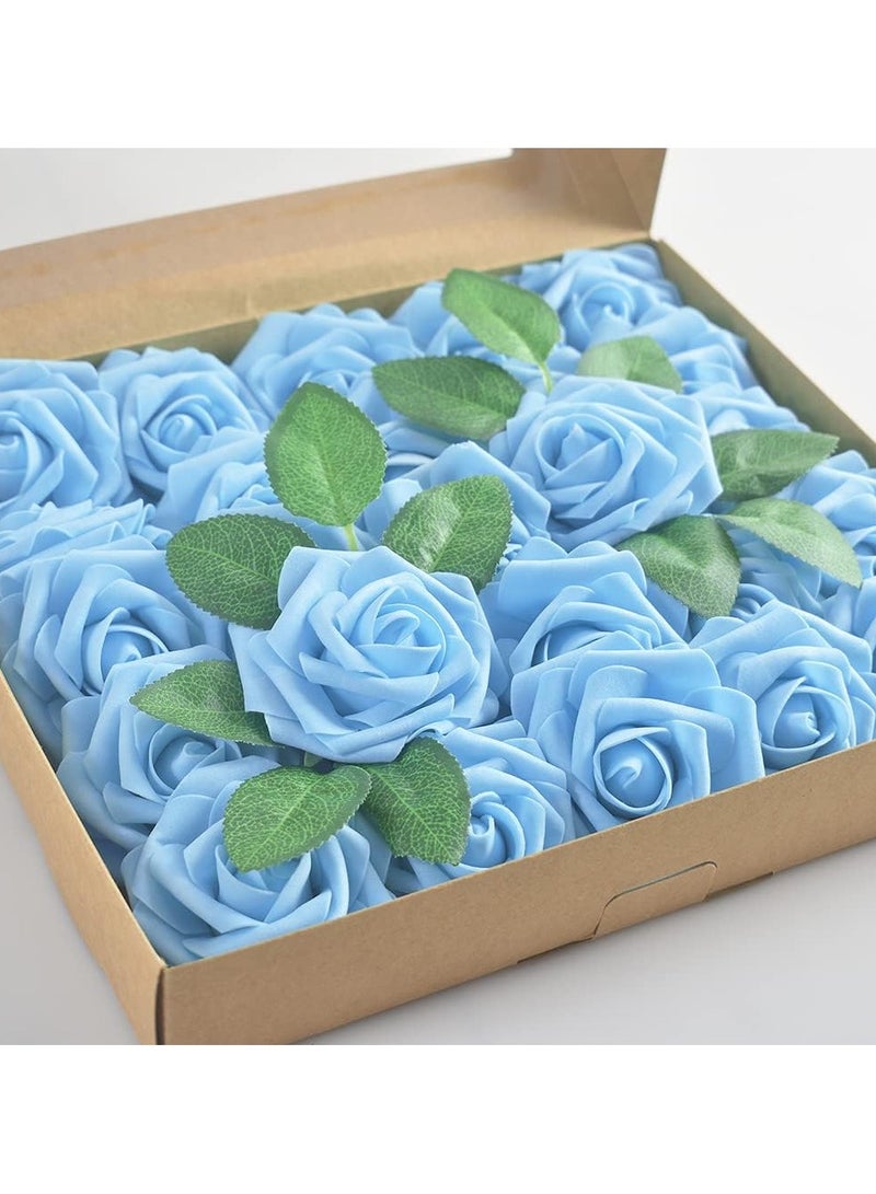 Generic Ramadan Artificial Flowers Real Looking Ivory Foam Fake Roses with Stems for DIY Wedding Bouquets Blue Bridal Centerpieces Arrangements Party Tables Decoration, 25pcs (Blue)  - Image 2