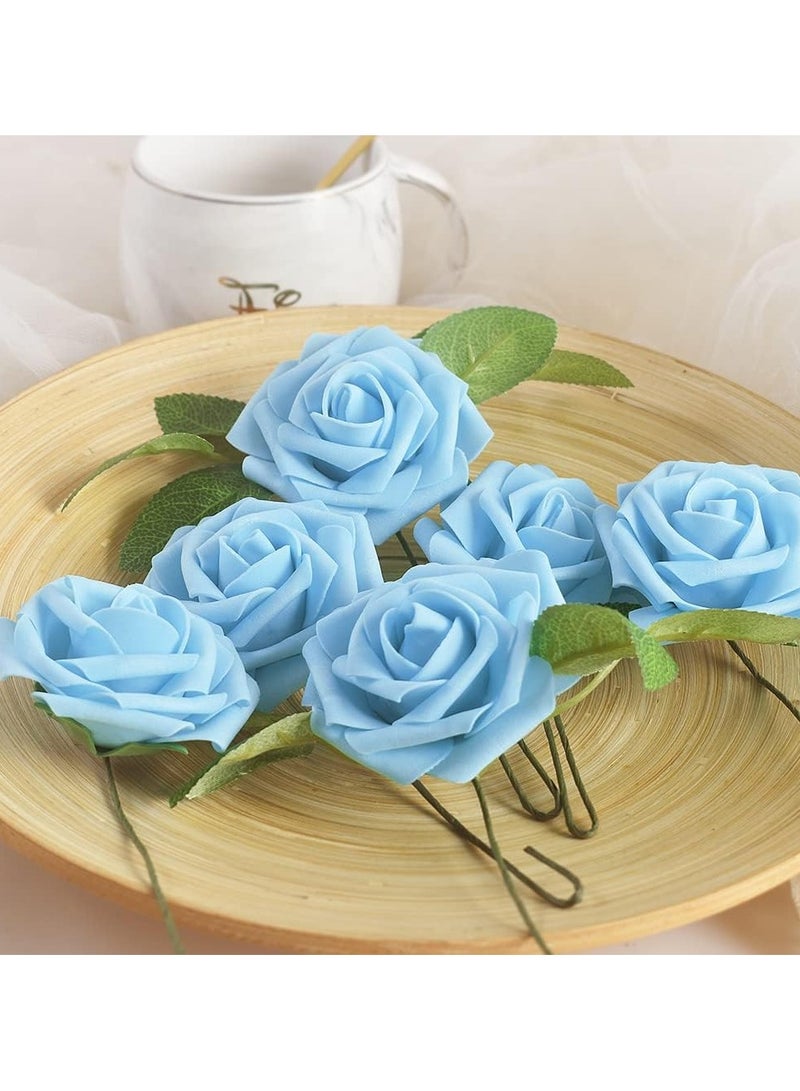 Generic Ramadan Artificial Flowers Real Looking Ivory Foam Fake Roses with Stems for DIY Wedding Bouquets Blue Bridal Centerpieces Arrangements Party Tables Decoration, 25pcs (Blue)  - Image 3