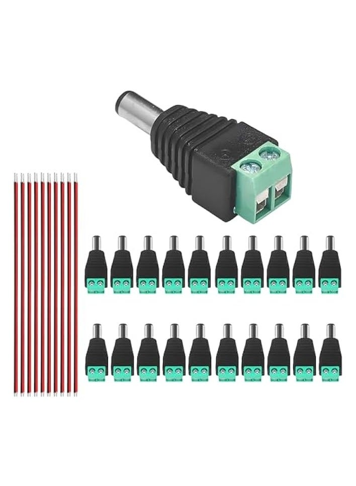 erorex 20Pcs 5521DC Male Power Connectors and 10packs red and black wires,5.5mm x 2.1mm Power Jack Socket for 5V 12v 24v Led Strip, CCTV Security Camera Cable Wire Ends Plug Barrel Adapter - Image 1