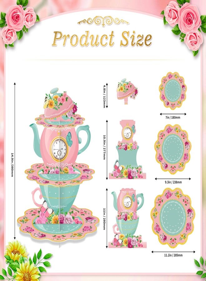 BACUTHY 2 Pack Tea Party Cupcake Stands Floral Birthday Decorations: 3-Tier Afternoon Tea Time Butterfly Vintage Princess Garden Flower Theme Dessert Holders - Girls Kids Baby Shower Mother's Day Table Decors - Image 3