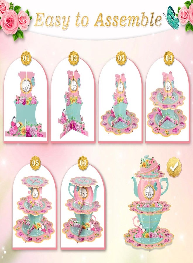 BACUTHY 2 Pack Tea Party Cupcake Stands Floral Birthday Decorations: 3-Tier Afternoon Tea Time Butterfly Vintage Princess Garden Flower Theme Dessert Holders - Girls Kids Baby Shower Mother's Day Table Decors - Image 5