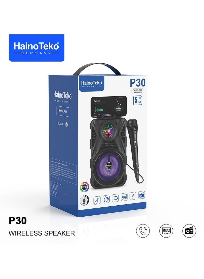 Haino Teko P30 Wireless Bluetooth Speaker with RGB Lights & Microphone – Powerful Sound, Deep Bass, 5-Hour Playtime, Portable Design for Indoor & Outdoor Music, Travel & Parties – Black - Image 3