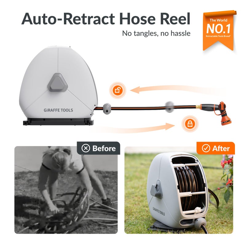 Giraffe Tools Ground Mounted Retractable Hose Reel 1/2 Inch x 82FT, Heavy Duty Automatic Rewind Garden Hose Reel, with Flexible Swivel Base for Lawn, Concrete Floor - Image 2