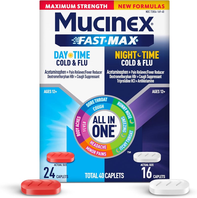 MUCINEX دواء فاست ماكس للقوة القصوى للنهار والليل لنزلات البرد والإنفلونزا للبالغين دواء قوي بدون وصفة طبية لأعراض نزلات البرد والإنفلونزا أقراص سريعة الإطلاق 40 حبة - Image 1