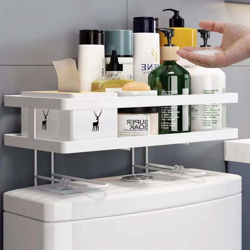 PowerKing Over The Toilet Storage Shelf, Bathroom Organizer Rack with 2 Hooks, No-Drill, Rust-Resistant Steel, Toilet Paper Holder for Restroom Bathroom, White - Image 2