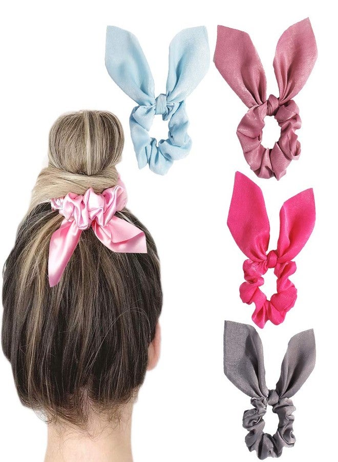 DINPREY Solid Colors Hair Scrunchies Cute Bunny Ears Hair Ties Ponytail Holders with Bow Women Girls (4 Colors-E-Rose red, Pink, Gray, Blue) - Image 1