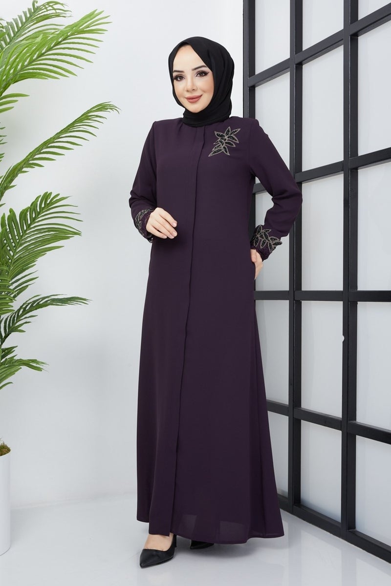 Hafsa Mina Plus Size Lace Stone Embroidery Detailed Plum Abaya10  - Image 2
