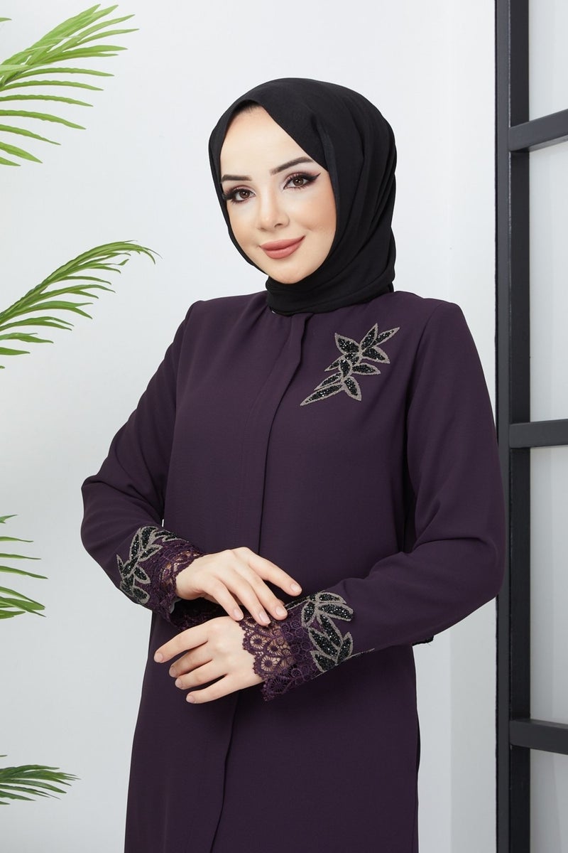 Hafsa Mina Plus Size Lace Stone Embroidery Detailed Plum Abaya10  - Image 5