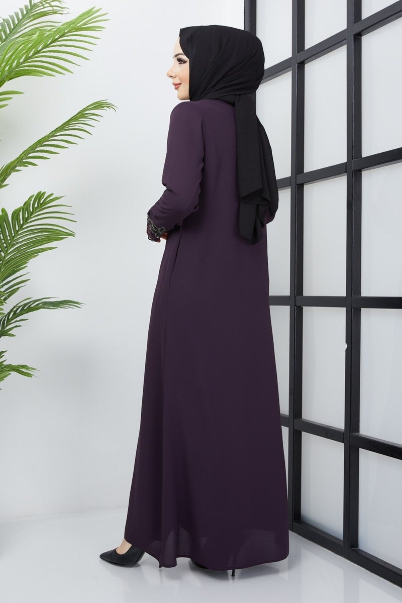Hafsa Mina Plus Size Lace Stone Embroidery Detailed Plum Abaya10  - Image 3