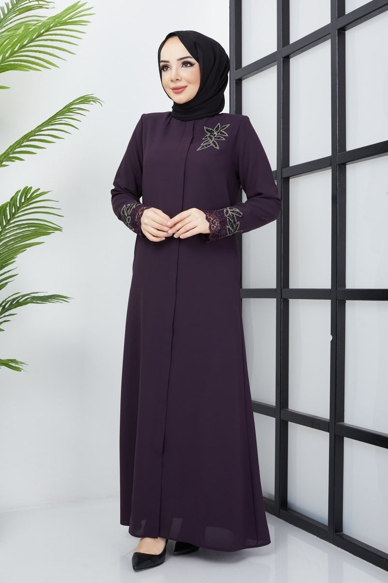 Hafsa Mina Plus Size Lace Stone Embroidery Detailed Plum Abaya10  - Image 4