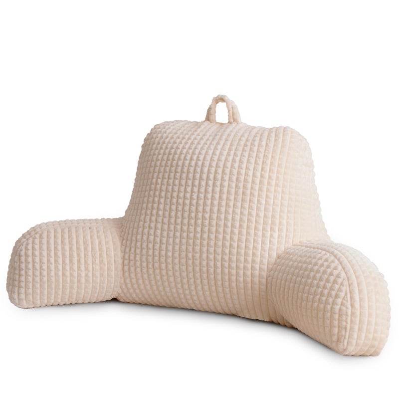 A Nice Night Reading Pillow Bed Wedge Large Adult Children Backrest with Arms Back Support for Sitting Up in Bed/Couch for Lounging Bedrest,Waffle Stereoscopic Design,Ivory - Image 1