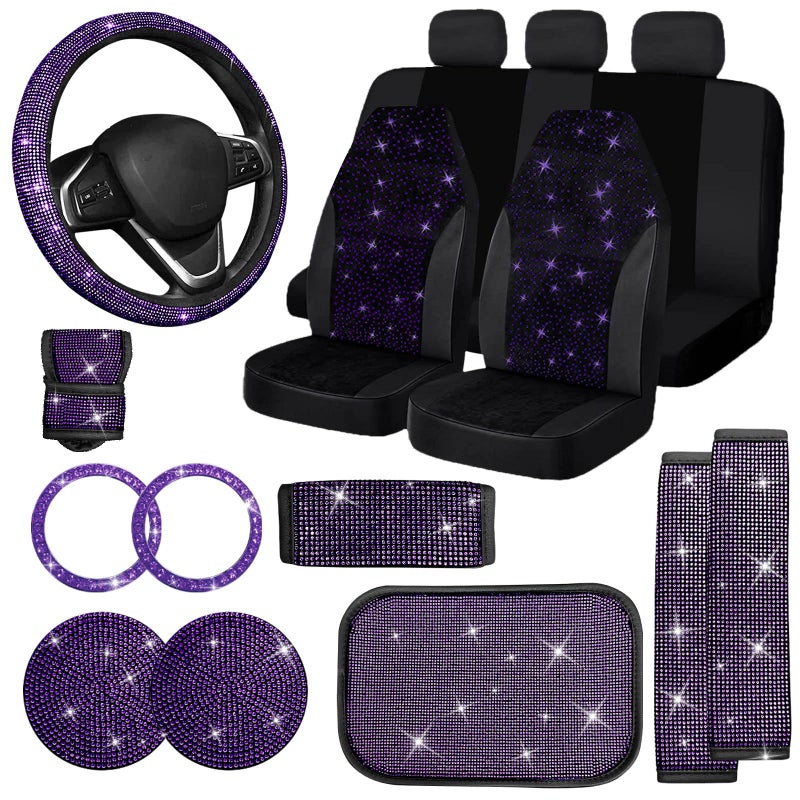 Jusen 17 Pack Bling Car Seat Covers Set Diamond Accessories Rhinestone Crystal Steering Wheel Cover Velvet Breathable Purple Half Part Bling - Image 2