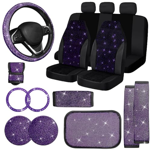 Jusen 17 Pack Bling Car Seat Covers Set Diamond Accessories Rhinestone Crystal Steering Wheel Cover Velvet Breathable Purple Half Part Bling - Image 1