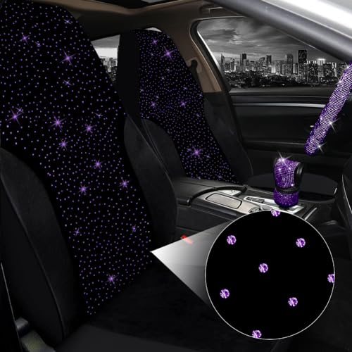 Jusen 17 Pack Bling Car Seat Covers Set Diamond Accessories Rhinestone Crystal Steering Wheel Cover Velvet Breathable Purple Half Part Bling - Image 3