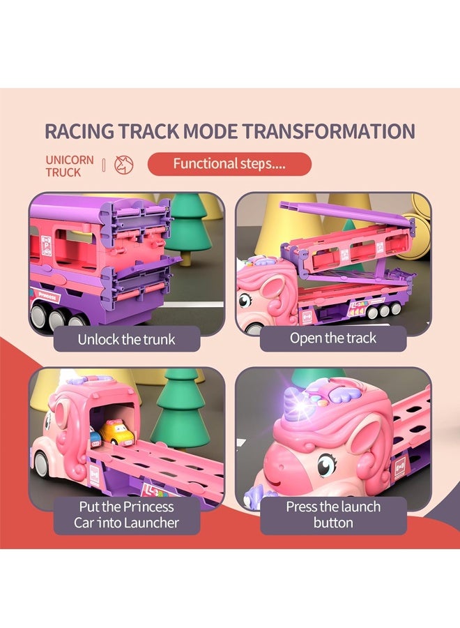 هالامودو لعب السيارات لـ 3 4 5 6 7 سنة من العمر طفلة صغيرة، لعب يونيكورن شاحنة ومسار سباق قابل للطي W / الضوء والصوت، الاحتكاك الطاقة لعبة السيارات W / 6 سيارات الأميرة، هدية عيد ميلاد للأطفال البنات عمر 4-6 - Image 4