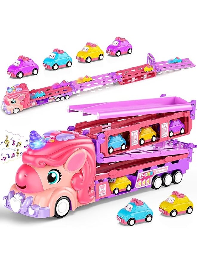 هالامودو لعب السيارات لـ 3 4 5 6 7 سنة من العمر طفلة صغيرة، لعب يونيكورن شاحنة ومسار سباق قابل للطي W / الضوء والصوت، الاحتكاك الطاقة لعبة السيارات W / 6 سيارات الأميرة، هدية عيد ميلاد للأطفال البنات عمر 4-6 - Image 3
