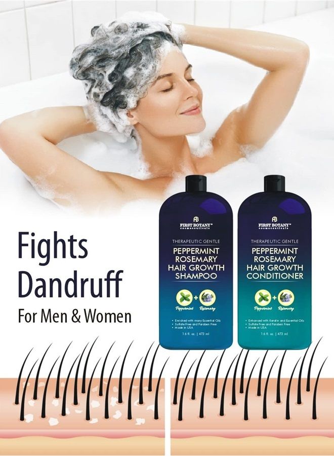 First Botany مجموعة شامبو وبلسم لإعادة نمو الشعر ومكافحة تساقط الشعر بنكهة النعناع وإكليل الجبل - شامبو مرطب يومي، مزيل للسموم، مكثف للشعر ومكافح للقشرة للرجال والنساء 16 أونصة سائلة x 2 - Image 2