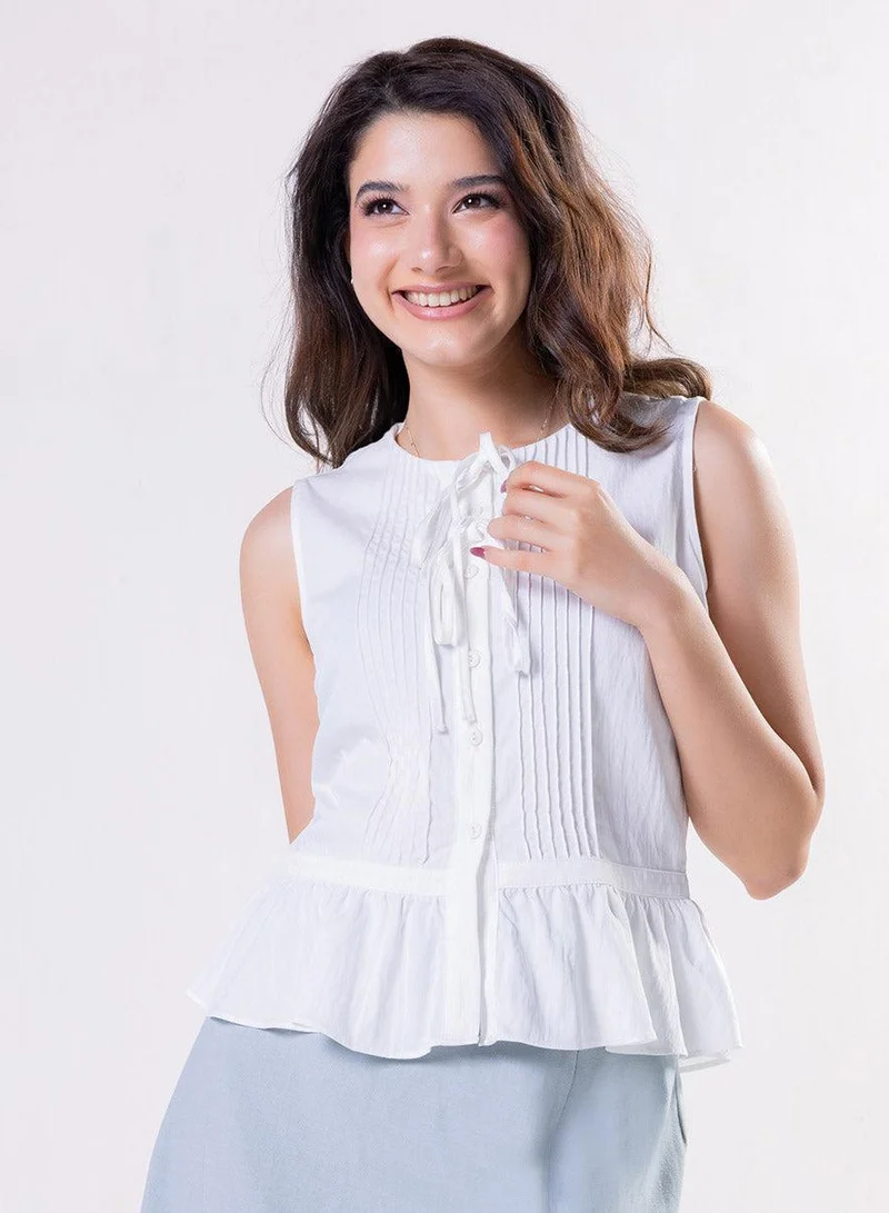 Zigzag Sleeveless Pintuck Peplum Top  Off White