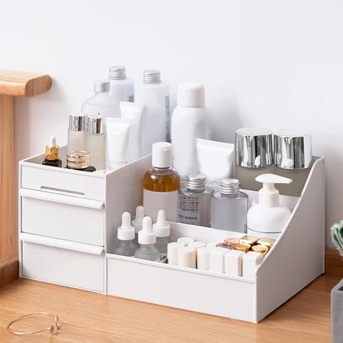 ALOXE Cosmetic Organizer Box Drawers Storage Plastic Stationary Box | Make Up Organiser for Women (White) - Image 1