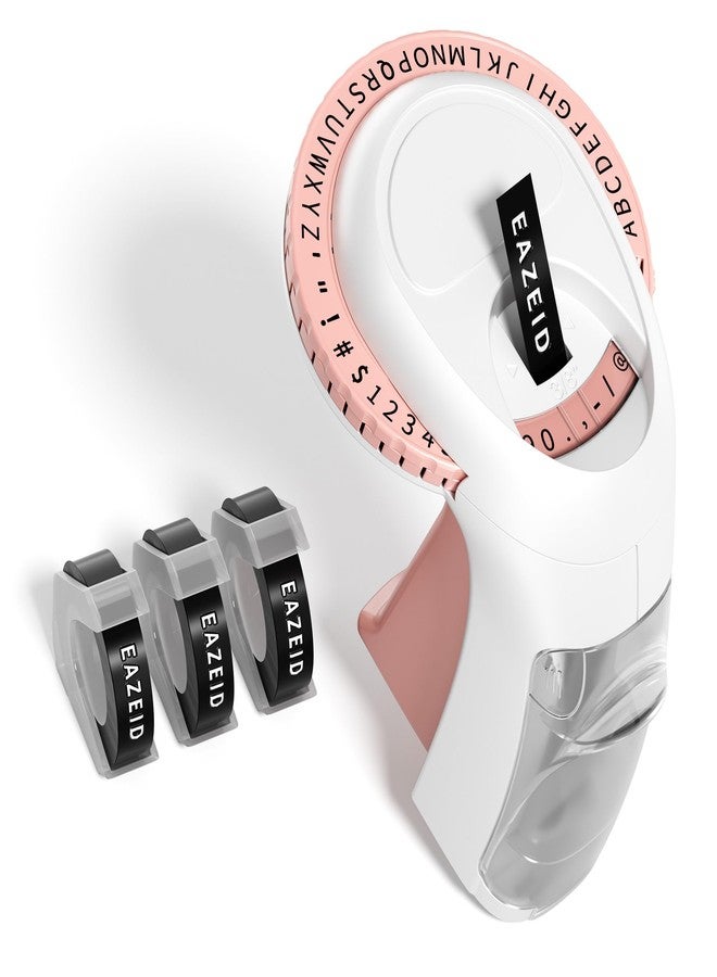 EazeID Pink Embossing Label Maker Manual, Handheld Embossed Label Maker with 3 Black Tapes 3/8 Inch, Vintage Retro Labeler for DIY Scrapbooking, Kids Teachers Gift, Home & Office Organization - Image 1