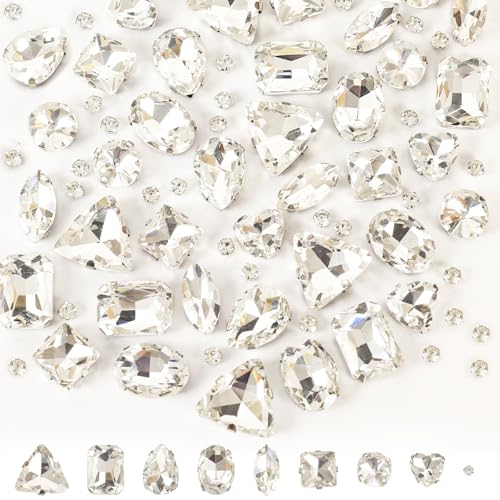 Jyukan Sew on Rhinestones, 180pcs White Rhinestones Mix Shapes Sew on Glass Rhinestone Gems with Prongsfor Crafts, Clothes, Costume, Shoes, Dresses(White) - Image 1