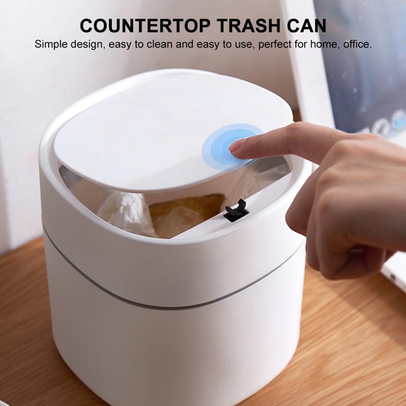 White Mini Desktop Trash Can With Press To Open Ejection Lid For Home Office - Image 5