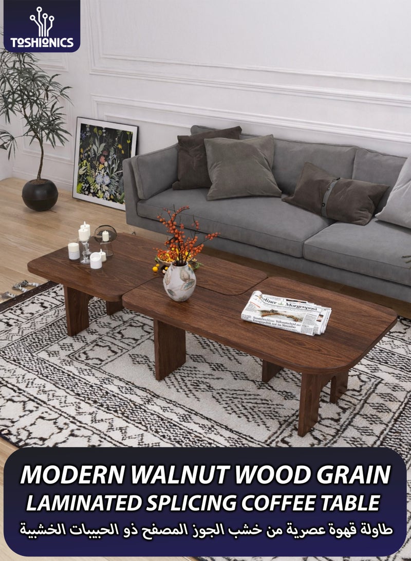 Toshionics Modern Splicing Coffee Table Set for Living Room, Walnut Wood Grain Rectangle Center Table, Thick 25mm Tabletop, Durable Laminated Wood Snack & Tea Table with Strong Legs for Small Spaces (90x90x40cm) - Image 2