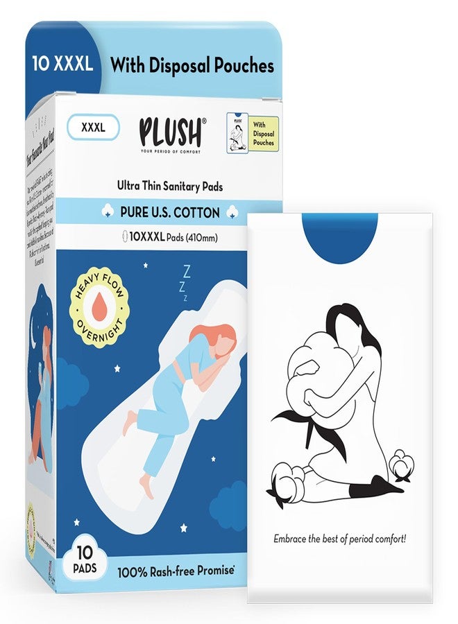 Plush Ultra-Thin 10 XXXL - 410mm All Night Sanitary Pads For Women | Super Absorbent, Heavy Flow & Rash Free | Pure U.S. Cotton Sanitary Napkins With Free Disposable Pouch | Toxin & Fragrance-free - Image 1
