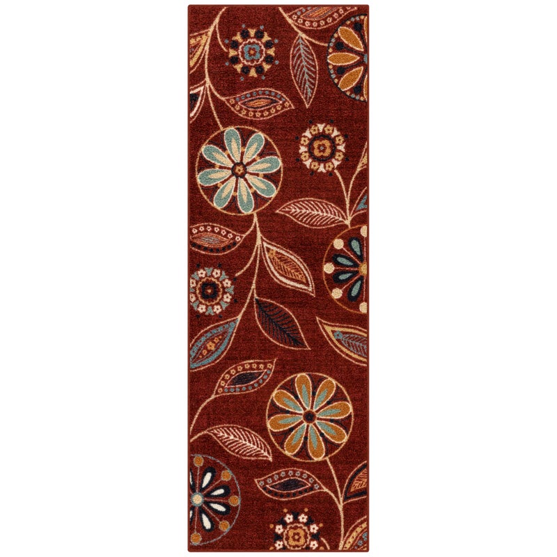 Maples Rugs Reggie Floral Runner Rug  Made in USA  Washable Non Slip Indoor Carpet for Kitchen Hallway and Laundry Room 2 x 6 Merlot