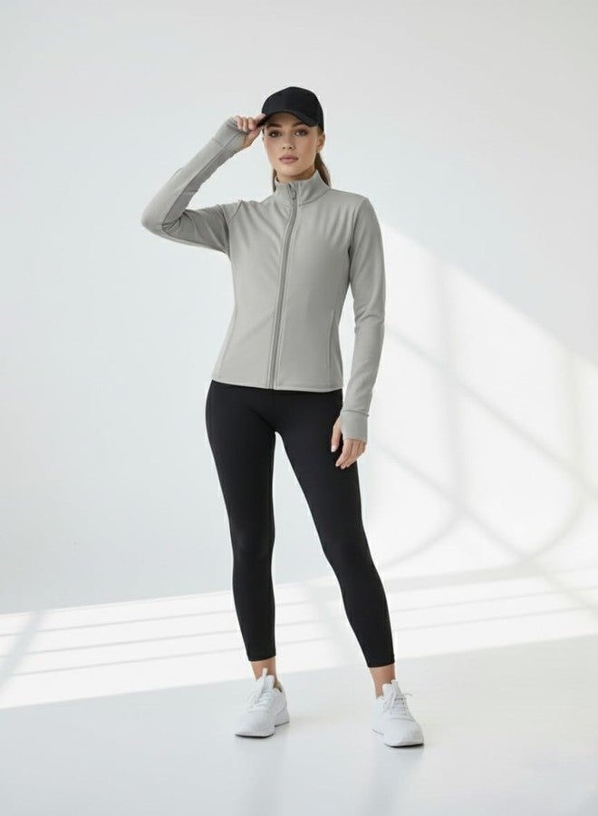 pump'd PUMPD Women's Jacket| Slim Fit|Thumb Hole Open Sleeve|With zipper|Perfect for workout|GREY|L - Image 2