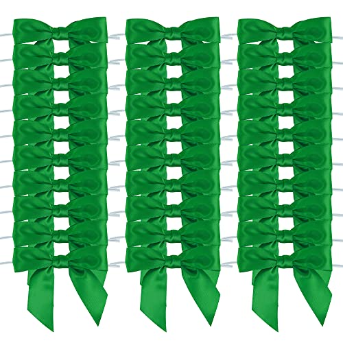 AIMUDI Emerald Green Ribbon Bows for Crafts Green Satin Ribbon Twist Tie Bows for Treat Bags 35 Premade Bows for Summer Decorations Cake Pops Gift Wrapping Party Favors Candy Apples 50 Counts