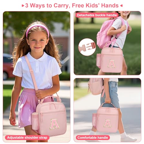 CLOUDWINGS Initial Insulated Lunch Bag for Girls Kids, Back to School Gift, Reusable Leak-proof Lunch Box with Adjustable Strap for School Daycare Travel Picnic (Pink,A) - Image 4