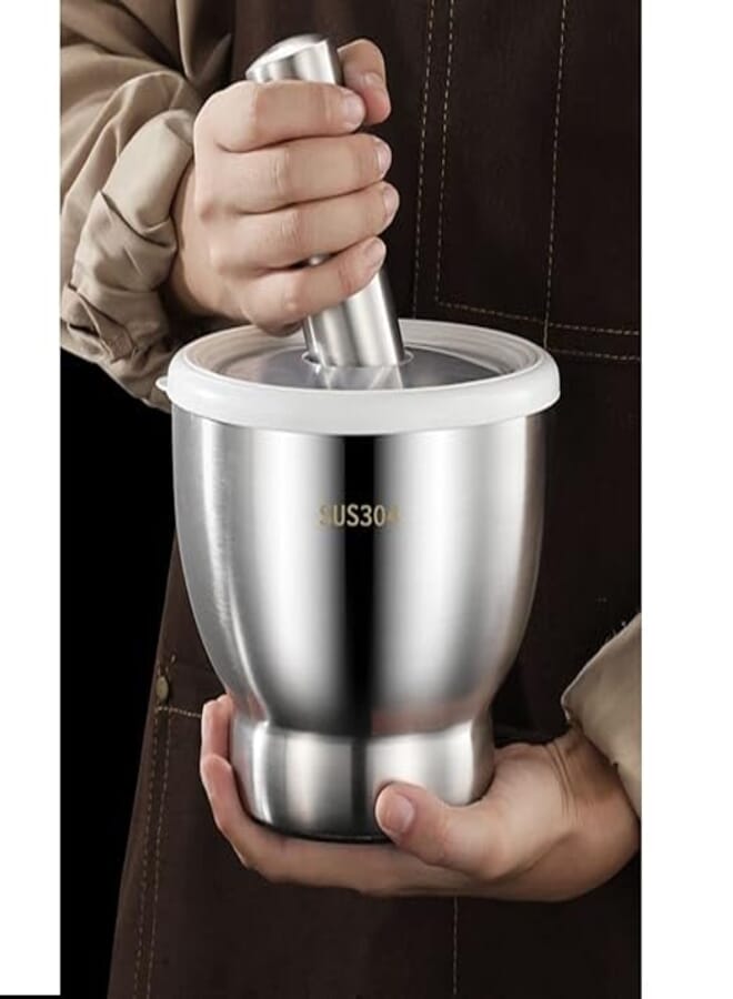 JforSJizT Stainless Steel Mortar and Pestle Set, Spices Grinder Pill Crusher with Silicone Protective Lid Heavy Duty Mortar Pestle for Kitchen Herb Bowl, Pesto Powder, Spices Herbs Grinder (Drum Type)