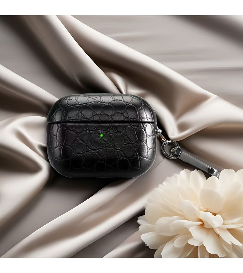 Black Faux Crocodile Earbud Case With Stylish Charms For Airpods Pro3 - Image 4