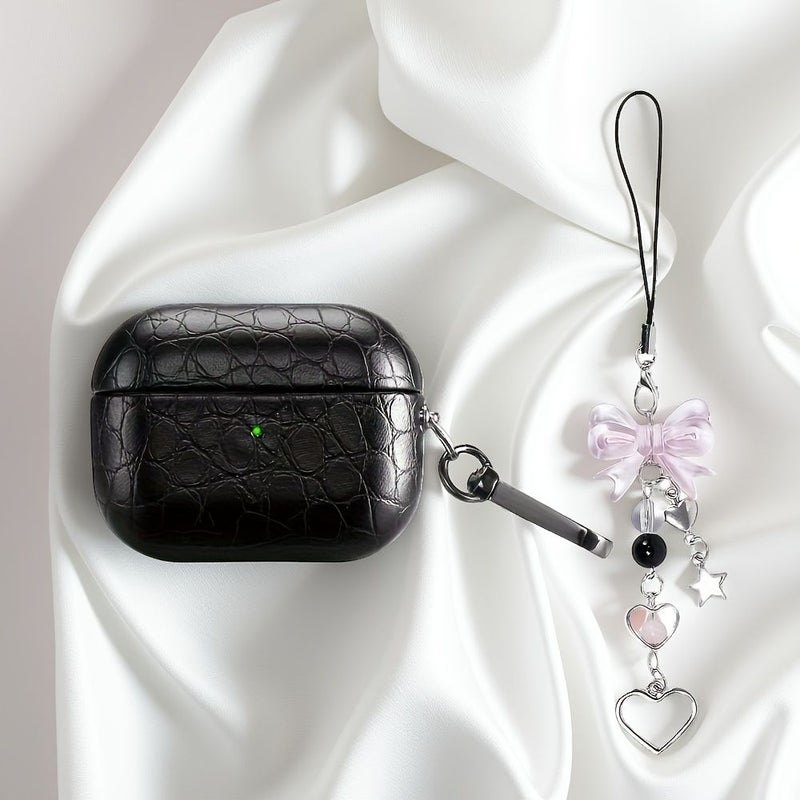 Black Faux Crocodile Earbud Case With Stylish Charms For Airpods Pro3 - Image 2