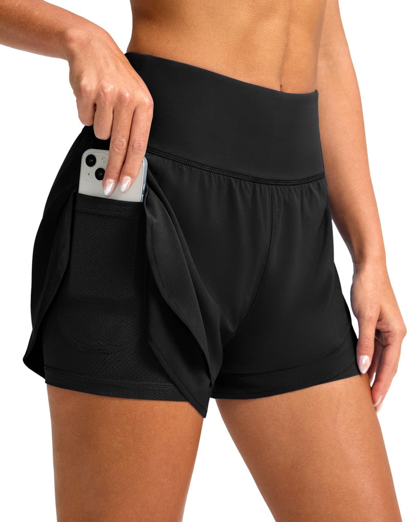 SANTINY Women's 2 in 1 Running Shorts with Pockets 3" High Waisted Exercise Workout Athletic Shorts for Women with Liner(Black_S) - Image 1