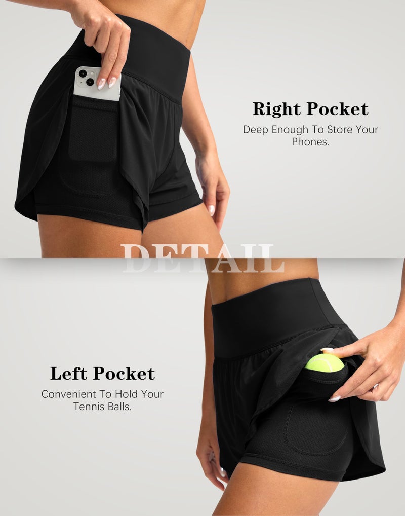 SANTINY Women's 2 in 1 Running Shorts with Pockets 3" High Waisted Exercise Workout Athletic Shorts for Women with Liner(Black_S) - Image 4