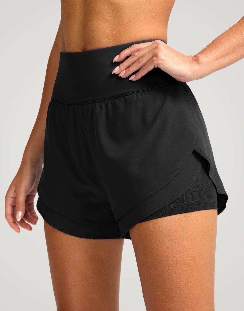 SANTINY Women's 2 in 1 Running Shorts with Pockets 3" High Waisted Exercise Workout Athletic Shorts for Women with Liner(Black_S) - Image 3