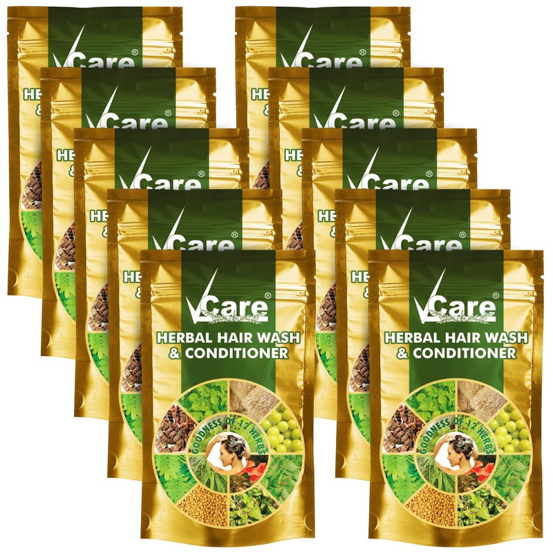 VCare غسول الشعر العشبي VCare وبلسم للرجال والنساء 100% طبيعي مع 12 عشبة أملّا شيكّاكي برينغراج مسحوق الكركديه لجميع أنواع الشعر 100 جرام عبوة من 10 - Image 1
