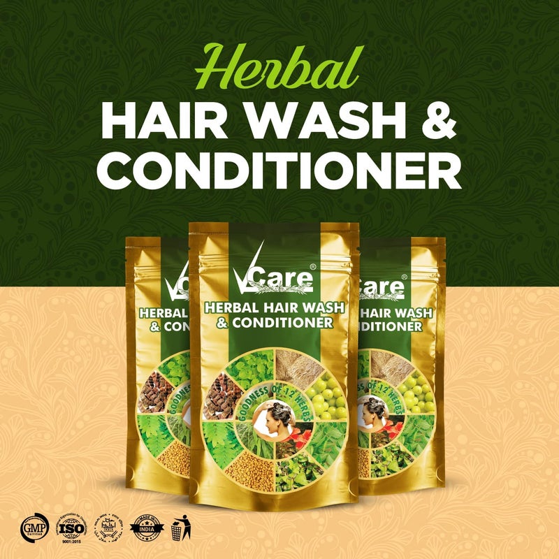 VCare غسول الشعر العشبي VCare وبلسم للرجال والنساء 100% طبيعي مع 12 عشبة أملّا شيكّاكي برينغراج مسحوق الكركديه لجميع أنواع الشعر 100 جرام عبوة من 10 - Image 3