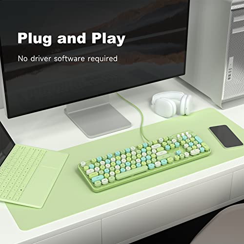 MOWUX Computer Keyboard Wired, Plug and Play USB Retro Round Typewriter Keyboard, Full Size Wired Keyboard with Foldable Stands for Laptop and Office PC- Green Colorful - Image 3
