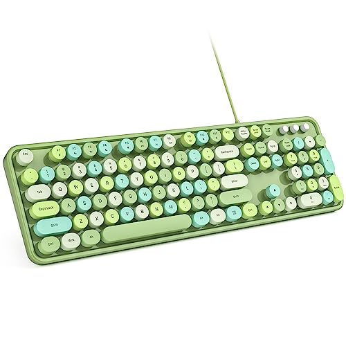 MOWUX Computer Keyboard Wired, Plug and Play USB Retro Round Typewriter Keyboard, Full Size Wired Keyboard with Foldable Stands for Laptop and Office PC- Green Colorful - Image 1