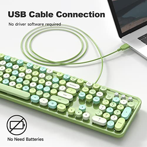 MOWUX Computer Keyboard Wired, Plug and Play USB Retro Round Typewriter Keyboard, Full Size Wired Keyboard with Foldable Stands for Laptop and Office PC- Green Colorful - Image 2
